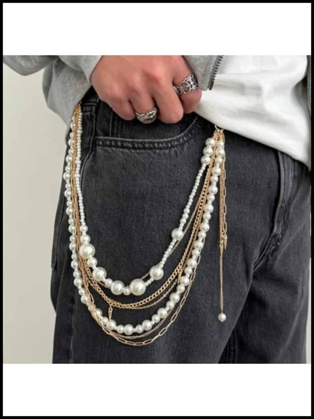 Unique Mixed-Media Pearl Rhinestone Star Charm Layered Pants Chain Belt
